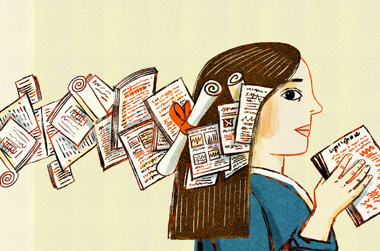 illustration of a woman with a trail of papers behind her