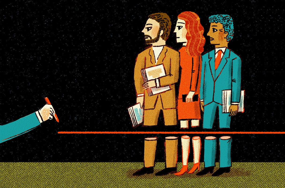 illustration of diverse trio with red line being drawn at their legs to symbolize program cuts