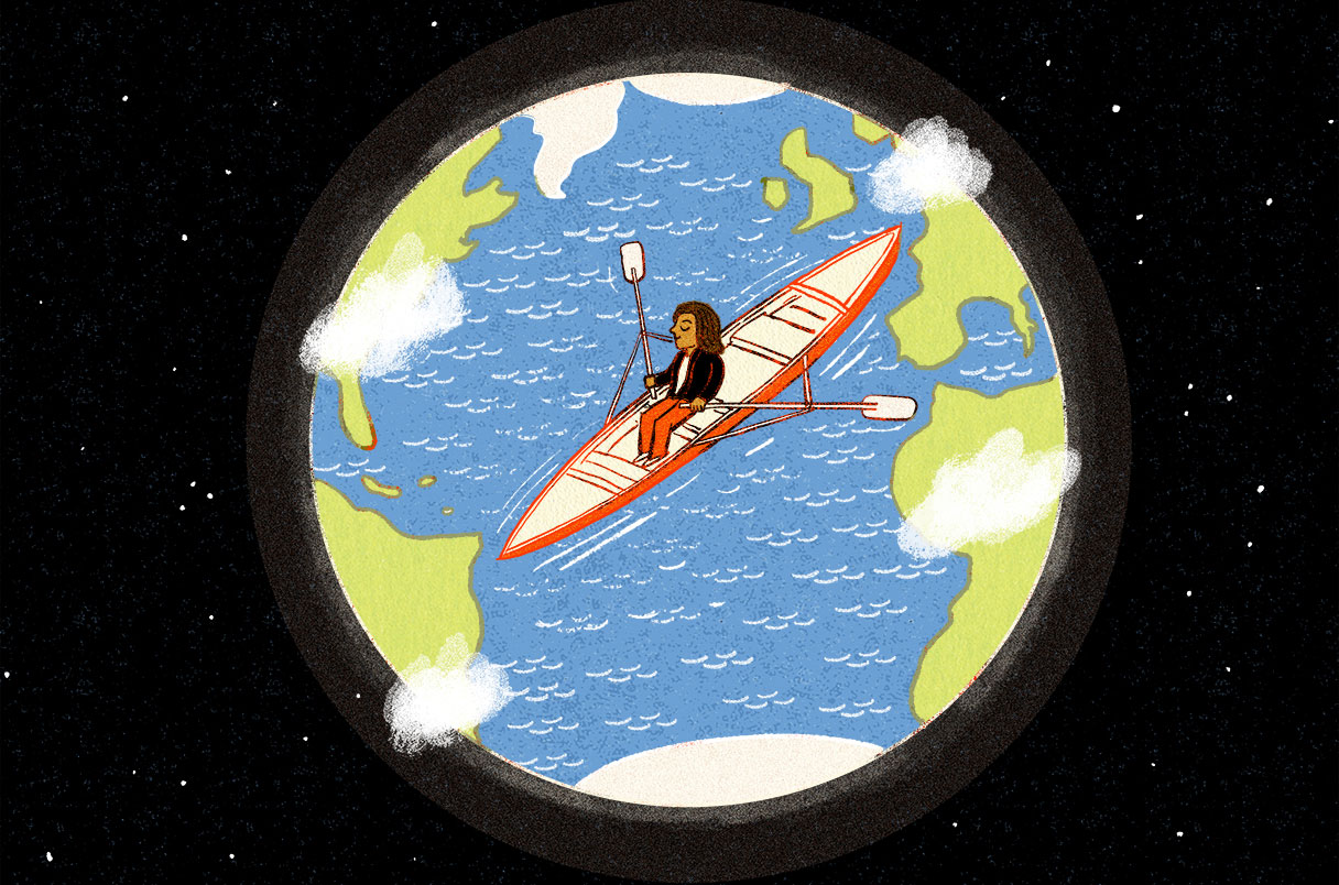 illustration of a woman rowing across the globe