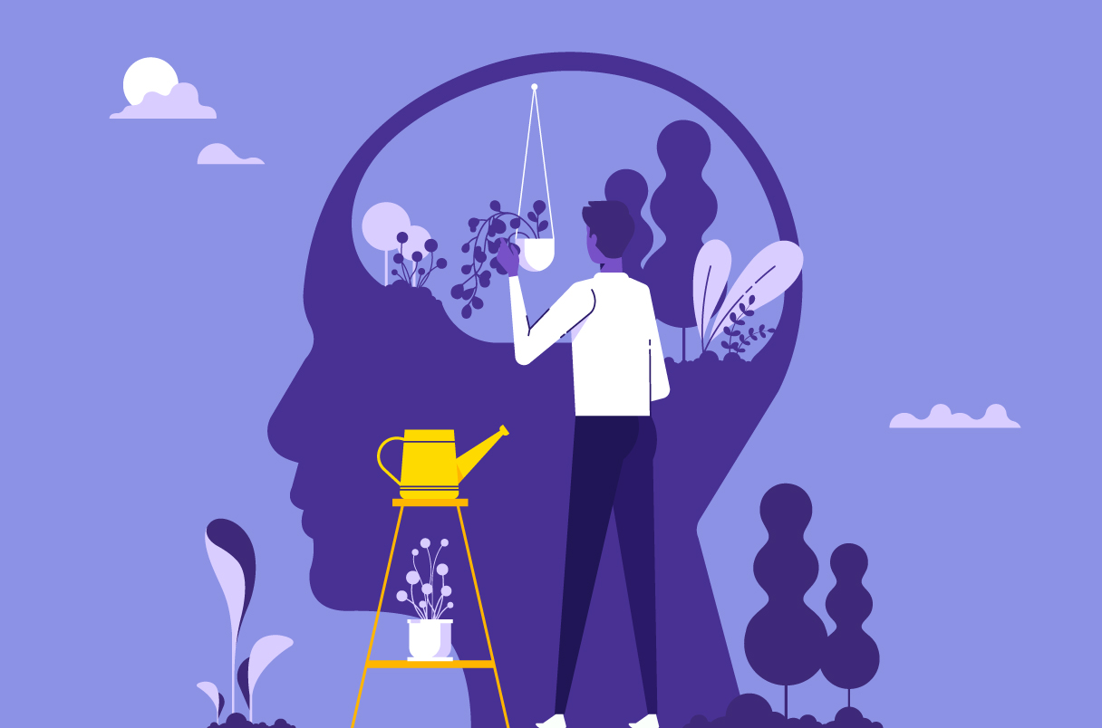 Illustration of a person inspecting plants growing inside the profile of a human head. A watering can sits nearby.